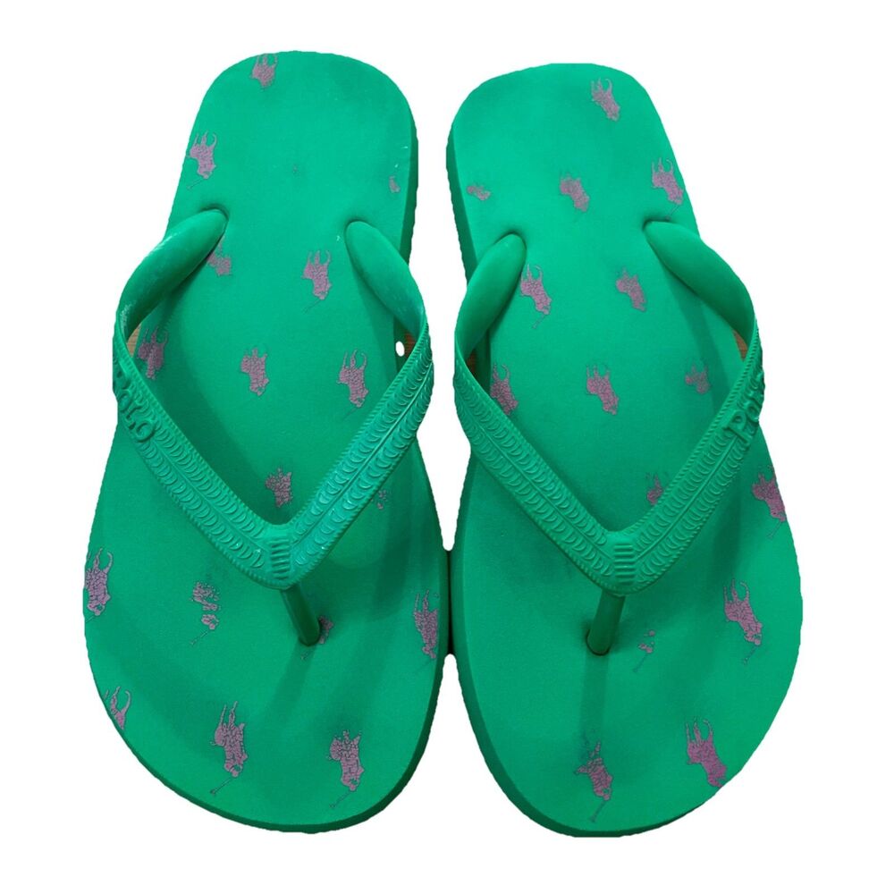 Polo Ralph Lauren Green Flip flop Thong Sandals Womens Size 7-8 Pink Pony